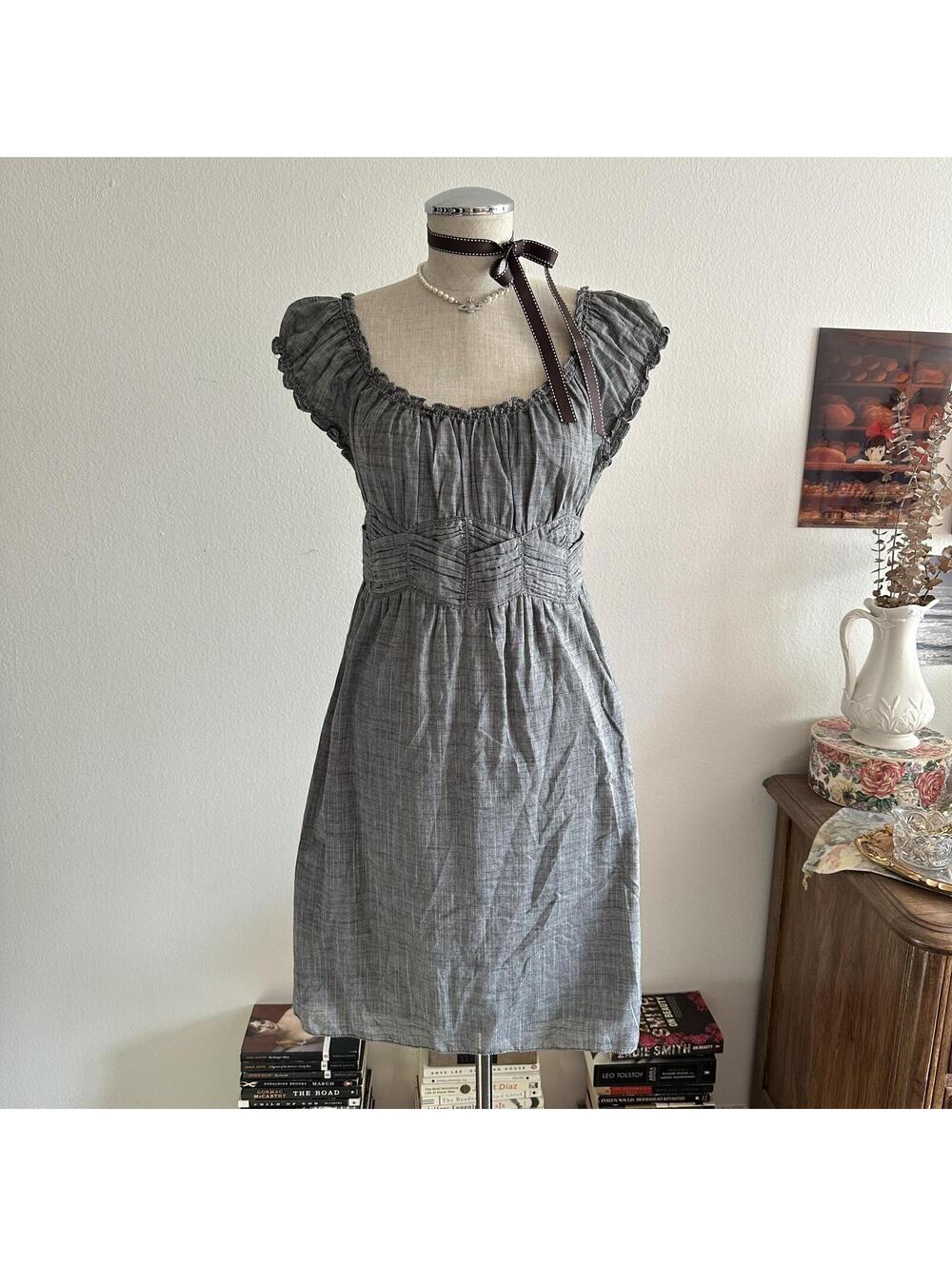 Max Studio gray cotton peasant dress